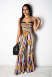 Blue Fashion Casual Draped Print Striped Sleeveless Slip Jumpsuits