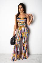 Blue Fashion Casual Draped Print Striped Sleeveless Slip Jumpsuits
