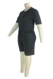 Black Fashion Casual Solid Basic O Neck Plus Size Two Pieces