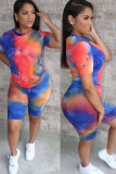 Fluorescent green Spandex Fashion Casual adult Ma'am O Neck Geometric Tie Dye Two Piece Suits Stitching Plus Size 