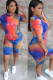 watermelon red Spandex Fashion Casual adult Ma'am O Neck Geometric Tie Dye Two Piece Suits Stitching Plus Size 