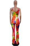 rose red Fashion Sexy Print Patchwork Tie-dyed Draped Sleeveless Slip Jumpsuits