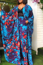 Blue Red Street Print Patchwork Buttons V Neck Long Sleeve Two Pieces