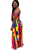 Navy Blue Casual Off The Shoulder Sleeveless Slip Swagger Floor-Length Print Patchwork