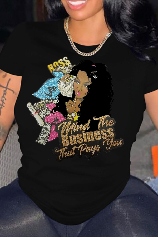 Black Casual Print Patchwork O Neck T-Shirts
