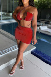Red Fashion Sexy Solid Hollowed Out Backless Strap Design Halter Sleeveless Two Pieces
