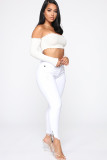 White Denim Zipper Fly Button Fly Mid Solid Zippered Pocket washing Hole pencil Pants Pants