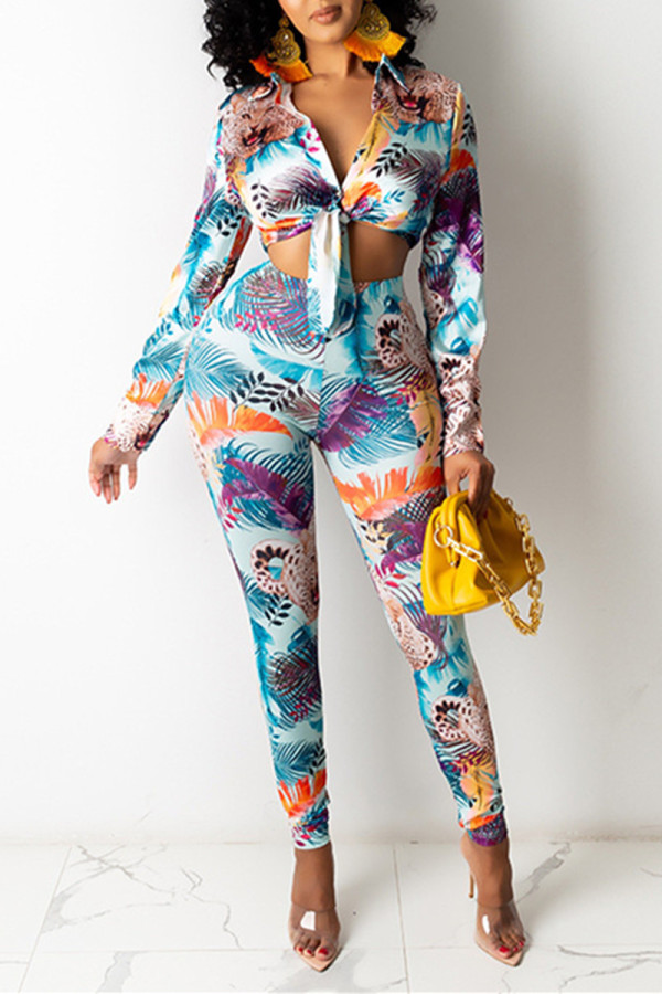 Blue Fashion Casual Print Basic Turndown Collar Long Sleeve Two Pieces