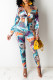 Blue Fashion Casual Print Basic Turndown Collar Long Sleeve Two Pieces