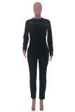 Black Blends Street Solid Hole Zippered pencil Long Sleeve Two Pieces