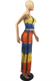 Yellow Sexy Casual Print Tie Dye Backless Square Collar Sleeveless Two Pieces