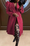 Coffee Casual Solid With Belt Turndown Collar Outerwear