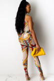 White Fashion Ma'am adult Sexy Two Piece Suits Print Patchwork pencil Sleeveless Two-piece Pant