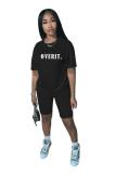 Black Fashion adult Active Letter Print Two Piece Suits Patchwork Straight Short Sleeve Two-Pie