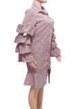 Red Fashion Long Sleeves Turndown Collar Asymmetrical Knee-Length ruffle hollow out Striped 