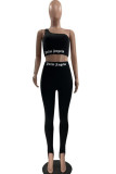 Black Casual Sportswear Letter Print Basic One Shoulder Sleeveless Two Pieces