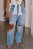 Blue Casual Solid Ripped Loose Denim Jeans