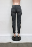 Blue Casual Solid Lace Mid Waist Skinny Denim Jeans