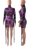 Black Sexy Print Mesh Turtleneck Pencil Skirt Dresses