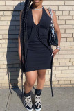 Black Sexy Casual Solid Backless Halter Sleeveless Dress