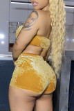 Yellow Sexy Pleuche Patchwork Solid Patchwork Vests Strapless Sleeveless Short Two Pieces