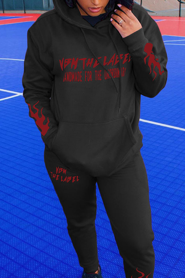 Black Fashion Street Blends Letter Patchwork Print Patchwork Draw String Pocket Pullovers Pants Hooded Collar Long Sleeve Regular Sleeve Regular Two Pieces