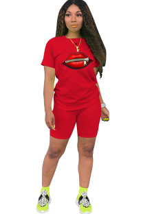Red Fashion Casual adult Ma'am Print Two Piece Suits Lips Print Straight Short Sleeve Two Pieces