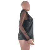 Black PU Turtleneck Long Sleeve Puff sleeve Solid perspective Patchwork Mesh Dot 