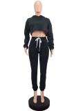 Black Casual Solid Patchwork Hooded Collar Long Sleeve Regular Sleeve Short Two Pieces