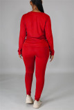 Red Casual Solid Basic O Neck Long Sleeve Two Pieces