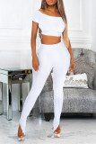 Black Fashion Solid Hollowed Out Slit Strap Design Off the Shoulder Short Sleeve Two Pieces