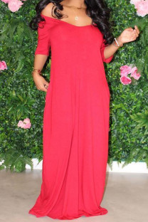 Red Fashion Casual Red Black Khaki Yellow Sky Blue Lake Blue Cap Sleeve Short Sleeves V Neck Swagger Floor-Length Solid Dresses