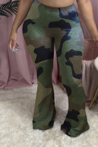 Green Elastic Fly High Print camouflage Boot Cut Pants Bottoms