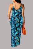 Blue Sexy Print Patchwork Spaghetti Strap Straight Dresses