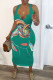 Green OL White Sleeveless V Neck Step Skirt Mid-Calf Print Dresses