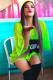 Fluorescent green Casual Fashion Cap Sleeve 3/4 Length Sleeves Asymmetrical Collar O neck Straight Mini holl