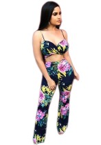 Dark Blue Print Mid Waist Two-piece suit