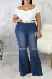 Dark Blue Fashion Casual Solid Ripped Without Belt Plus Size Jeans