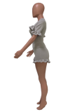 Red Casual Solid Flounce O Neck Short Sleeve Two Pieces