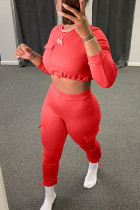 Red Fashion Casual Solid Basic O Neck Long Sleeve Two Pieces