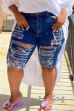 Dark Blue Fashion Plus Size Broken Hole Denim Pants 