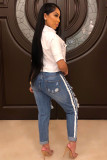 Blue Denim Zipper Fly Sleeveless Mid Hole Solid washing Patchwork Straight Pants Pants