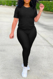 Black Casual Solid Patchwork O Neck Short Sleeve Two Pieces