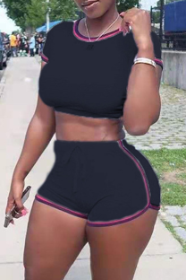 Black Casual Solid Patchwork O Neck Short Sleeve Two Pieces
