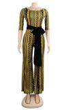 Yellow Casual Fashion bandage Print Asymmetrical Long Sleeve Peter Pan Collar Jumpsuits