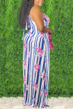 Colorful Blue Sexy Print Patchwork Spaghetti Strap Straight Dresses