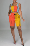 Rose Red Fashion Casual Patchwork Backless Square Collar Sleeveless Two Pieces