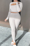 Grey Sexy Solid Hollowed Out Patchwork O Neck Long Sleeve Two Pieces