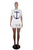 White Fashion Casual Patchwork Print Short Sleeve Two Pieces