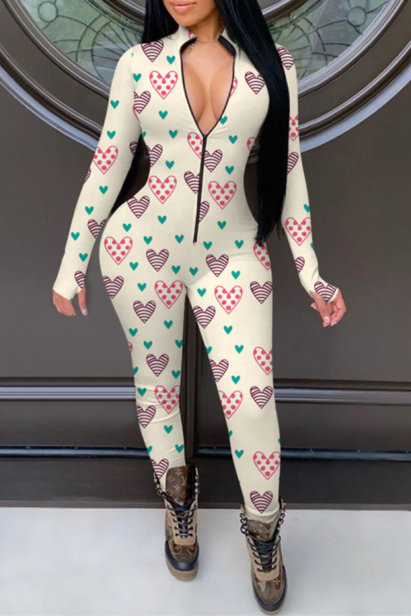 Apricot Fashion Living Print Basic Zipper Collar Skinny Jumpsuits
